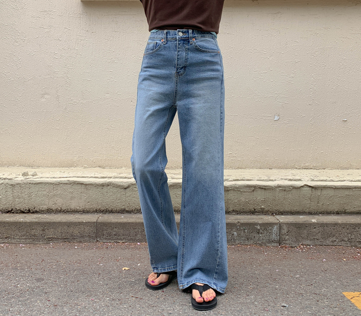Kio Diagonal Cut Denim Banding Straight Wide Pants
