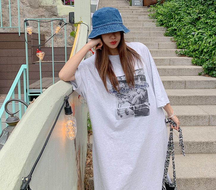 Market Print Slit Short-sleeve Long one piece