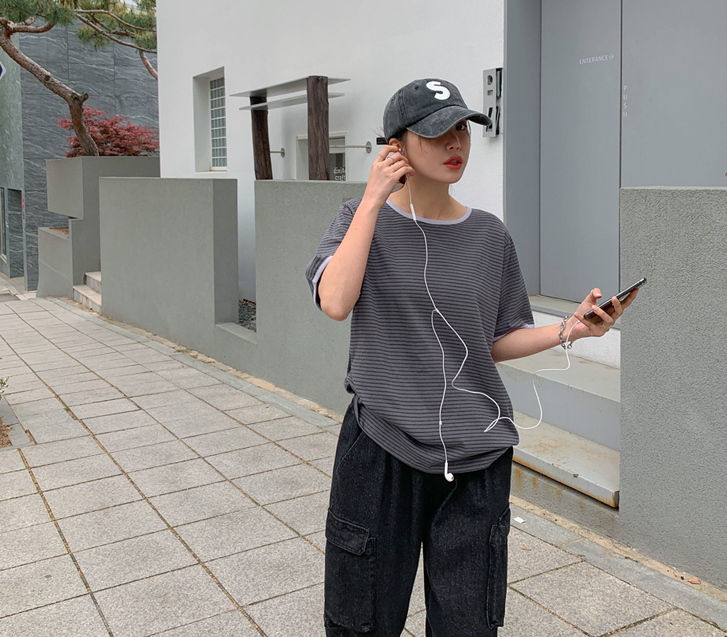 Shine Striped Color Combination Short-Sleeve T-Shirt