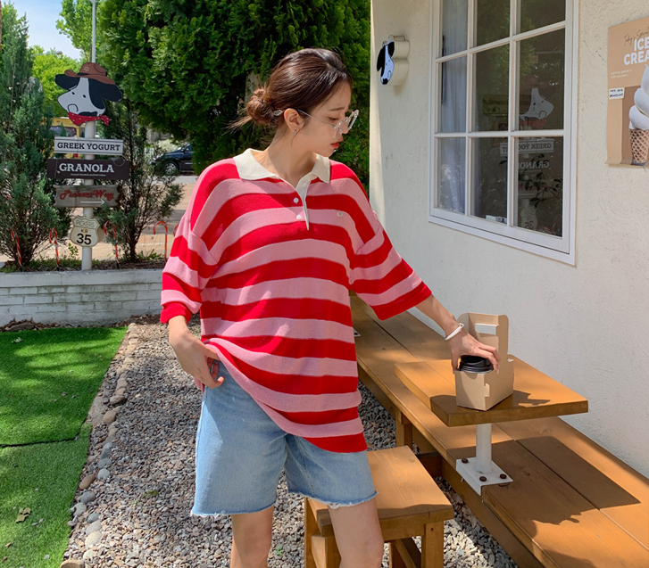 K-Striped Short-sleeve Summer Long Knit