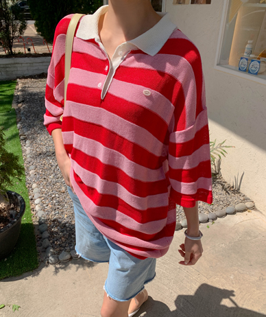 K-Striped Short-sleeve Summer Long Knit