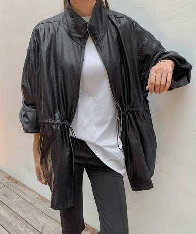 Say Nylon Mock Neck String Zip-up