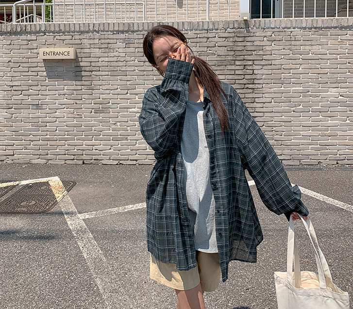 Vesity Linen Check overfit Long Shirt Shirt