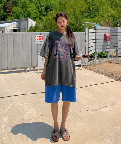 [Unisex] Airplane Print Pigment Short-sleeve Long T-shirts