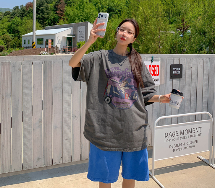 [Unisex] Airplane Print Pigment Short-sleeve Long T-shirts