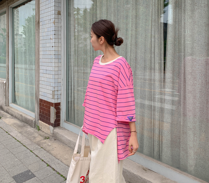 Pio Patch Striped 3/4 Length Asymmetrical Long T-shirts