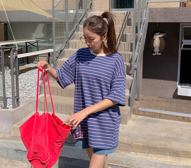 Red color combination striped short-sleeve T-shirt
