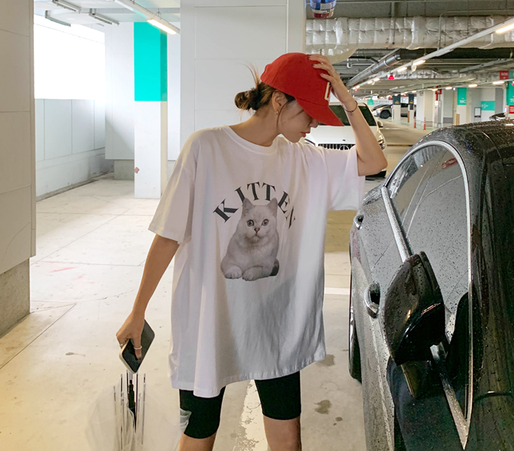 Kitten Print Short-sleeve Long T-shirts