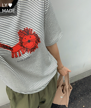 Lion Print Striped Color Combination Short Sleeves T-shirt