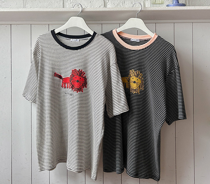 Lion Print Striped Color Combination Short Sleeves T-shirt