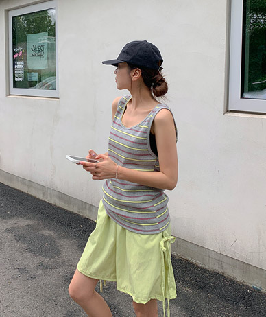 Kan Striped Color Combination Corrugated Sleeveless Shirts