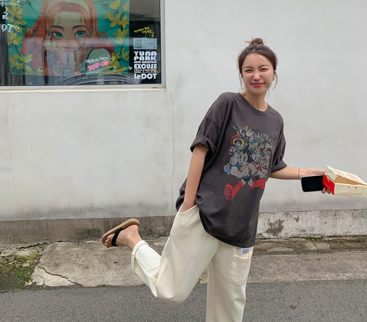 Running print pigment short-sleeve long t-shirts