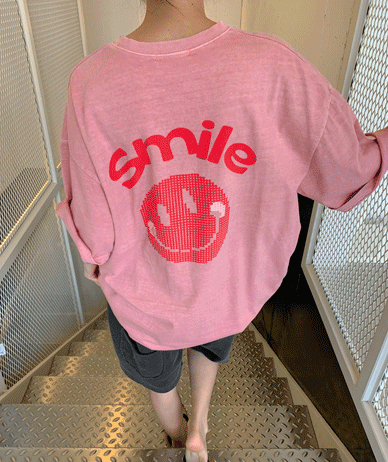 [Unisex] Drop Smile Print Pigment Short-sleeve Long T-shirts