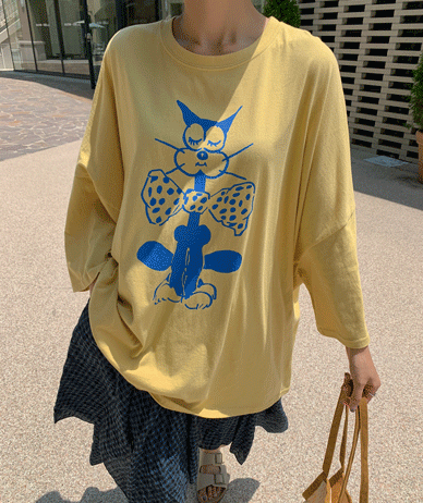 Cats Drawing Print Back Slit Short-sleeve Long T-shirts