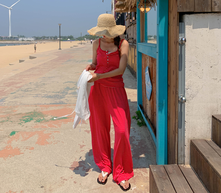 Marine Stripe Sleeveless Shirts & Wide Pants Set
