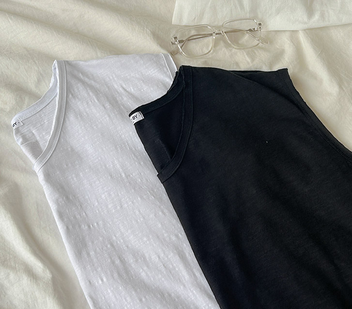 Back-label slub deki V-neck Sleeveless shirts