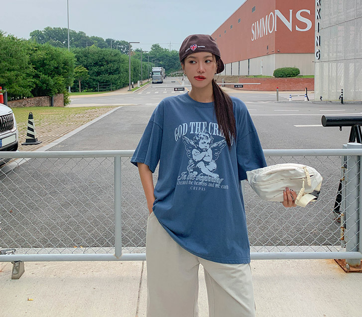 [Unisex] Angel Print Short-sleeve Long T-shirts