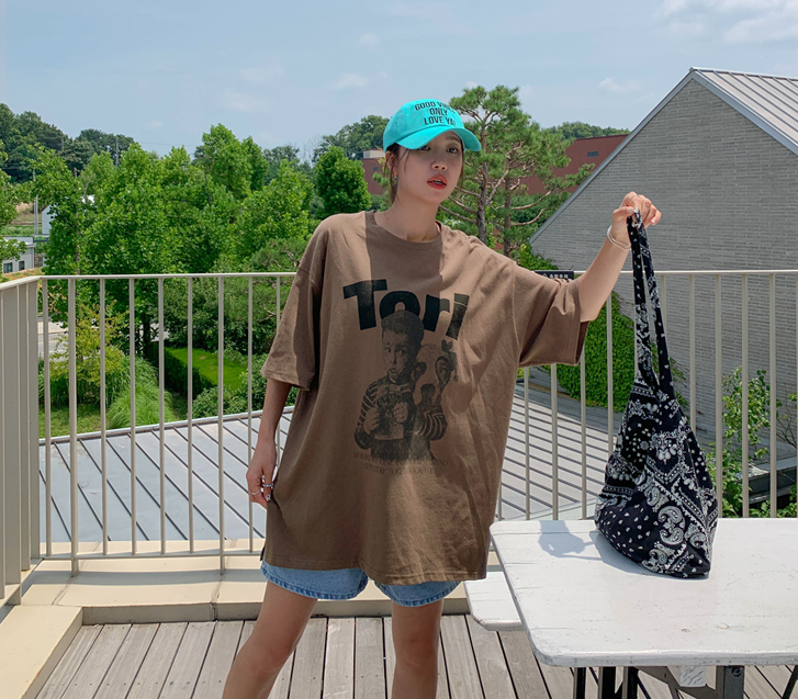 [Unisex] Tory Crack Print Slit Short-sleeve Long T-shirts