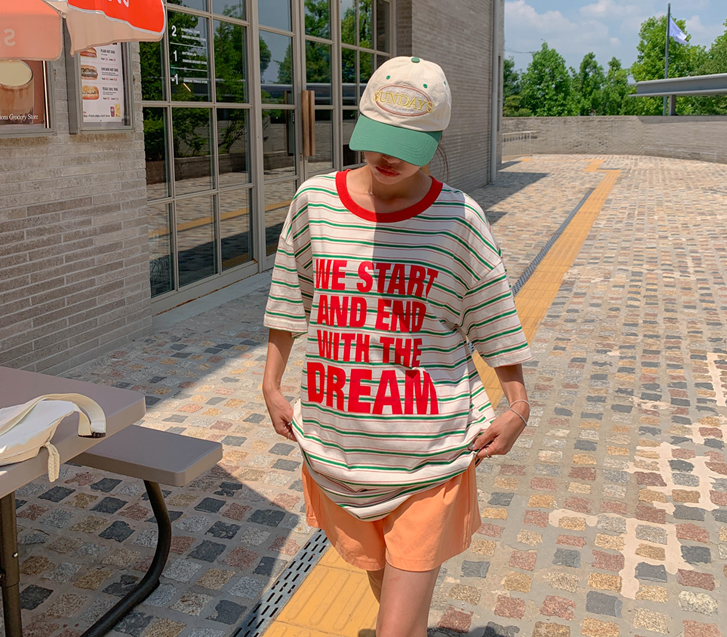 [Unisex] Dream Lettering Stripe Short-sleeve Long T-shirts