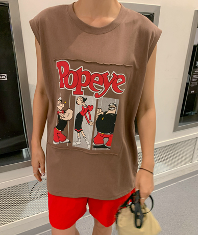Popeye print patch sleeveless shirts