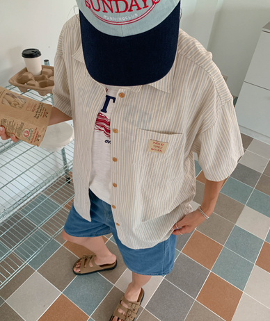 Simply Pocket Patch Stripe Linen Shirt