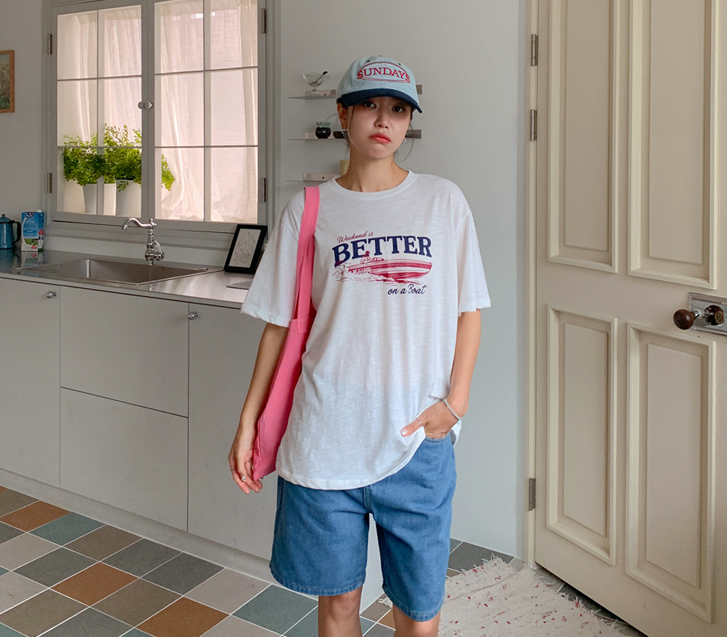 Boat print slab short-sleeve T-shirt
