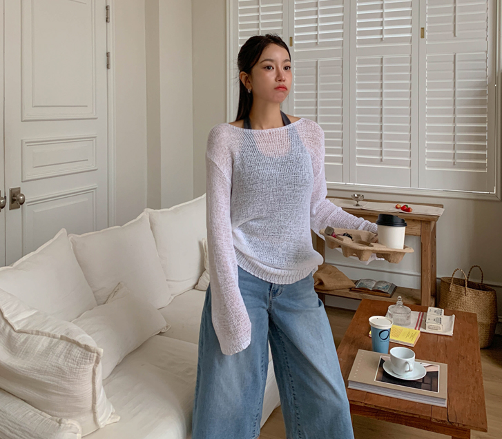 Neo Lip Neck Mesh Long-sleeve Knit