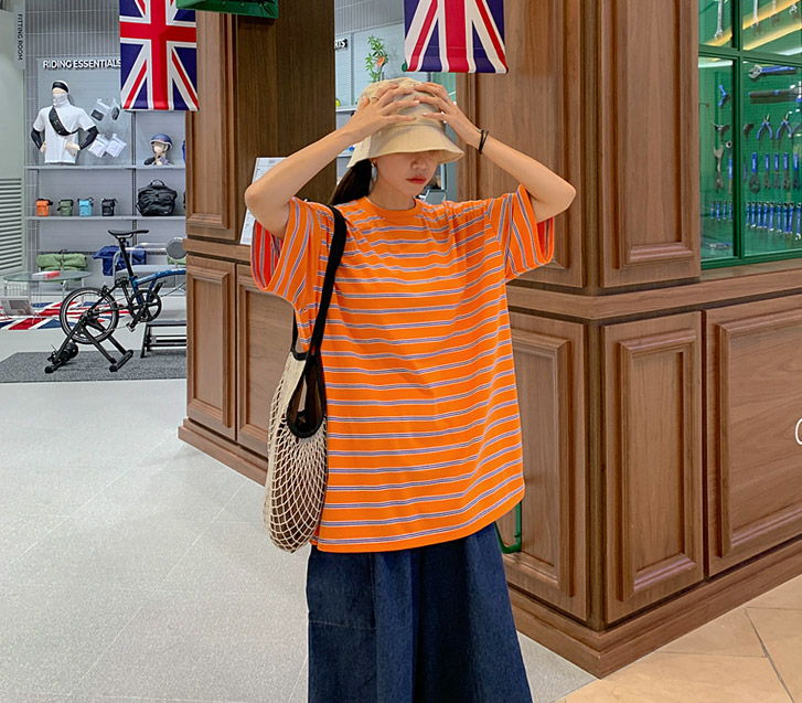 [Unisex] Vita Color Combination Striped Box Short-Sleeve Long T-Shirts