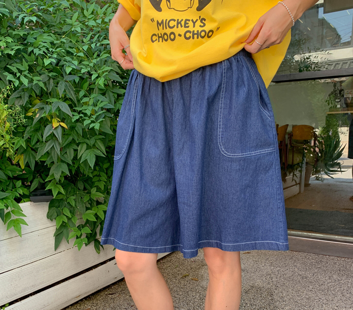 Mao stitch denim banding cropped pants