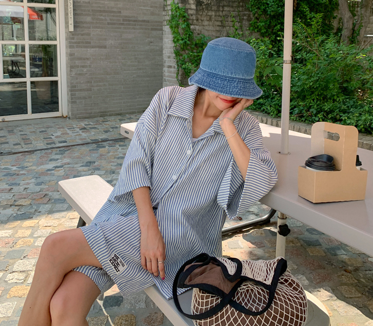 Toma Seersucker Striped Shirt Banding Shorts Set