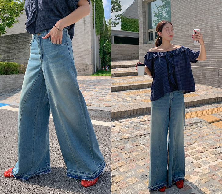 Perit Two-Tone Cut Denim Wide Pants