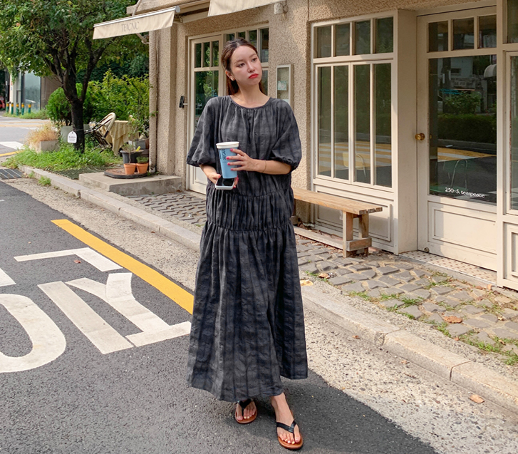 Roro Linen Check Banding Long one piece