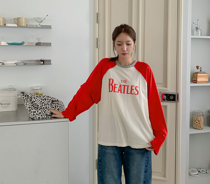 Beatles Print Color Combination Nagrang Long-sleeved T-shirt
