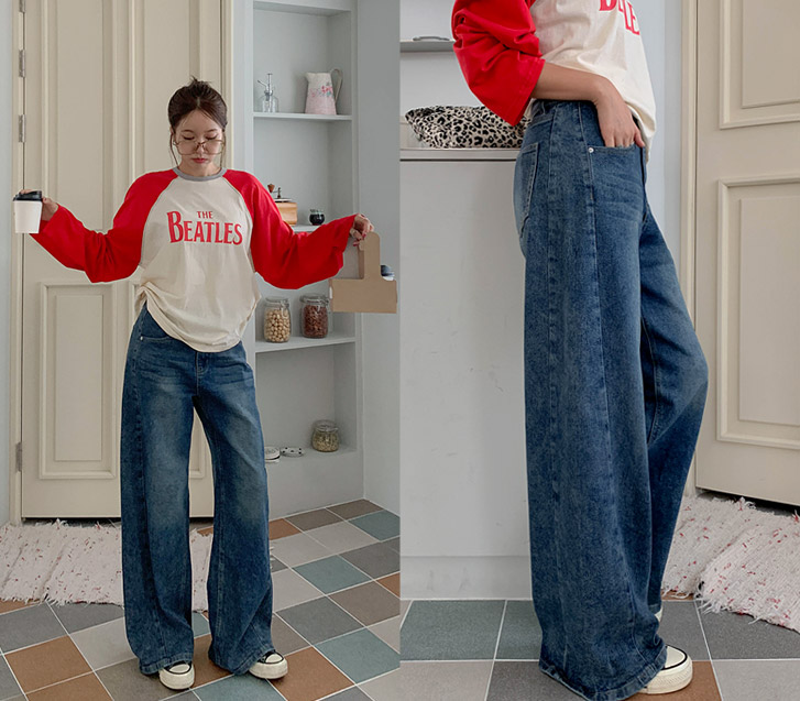 Autumn Washed Cut Banding Denim Wide Pants (Short/Basic/Long)