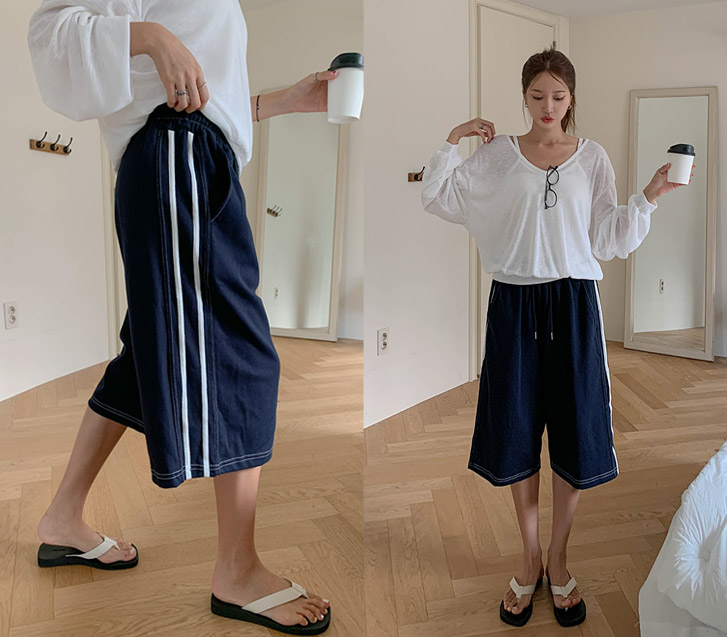Taping line banding Bermuda pants