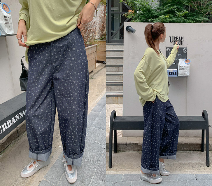 Flower pattern cut wide banding baggy pants