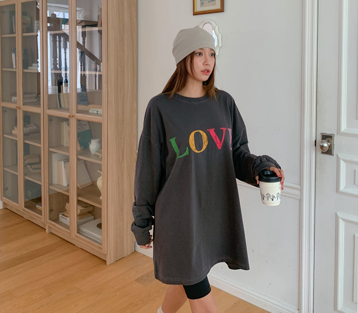 [Unisex] Love Lettering Print Pigment Long-sleeve Long T-shirts