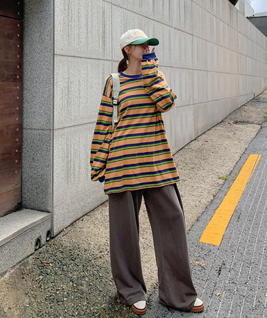 [Unisex] Moda Striped Color Combination Long-Sleeve T-Shirts