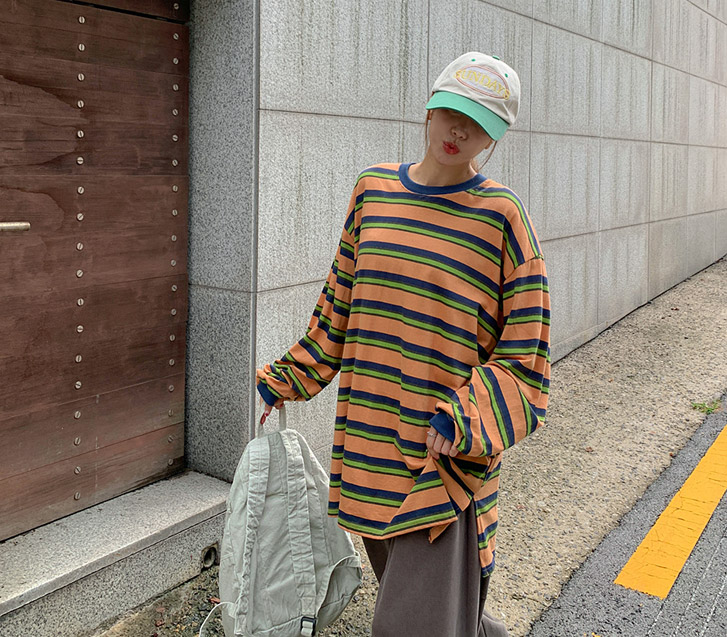 [Unisex] Moda Striped Color Combination Long-Sleeve T-Shirts