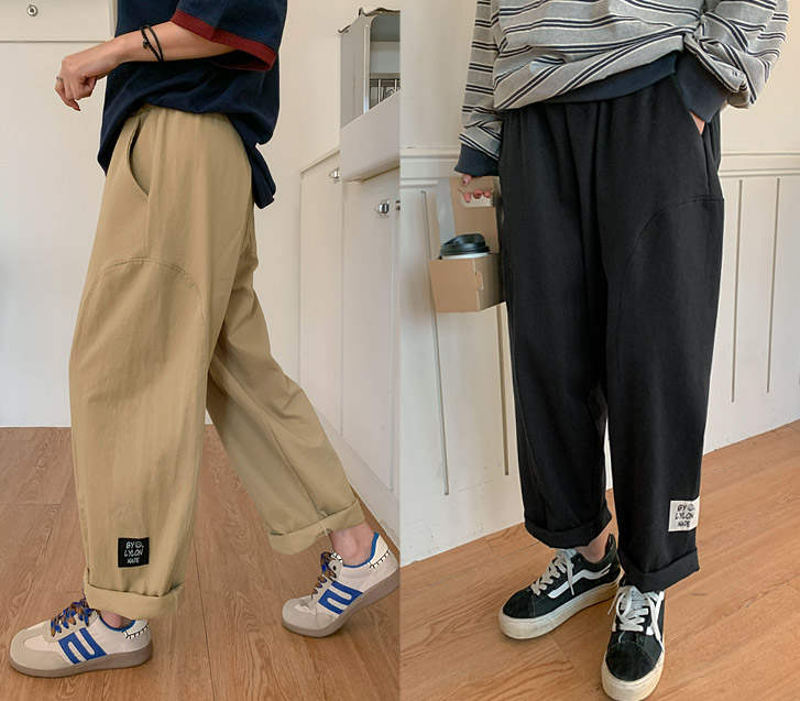 Curved Cut Patch Bio-washed Banding Baggy Pants