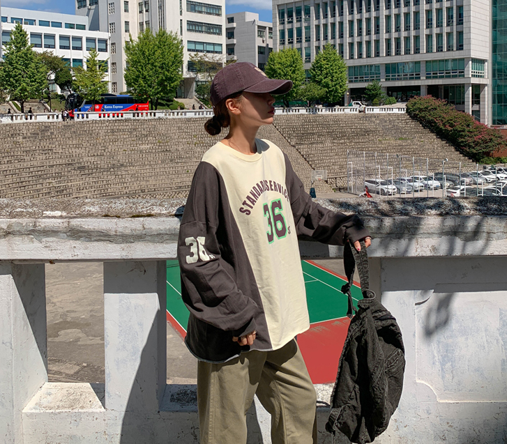 Number color combination lettering print long-sleeve T-shirt