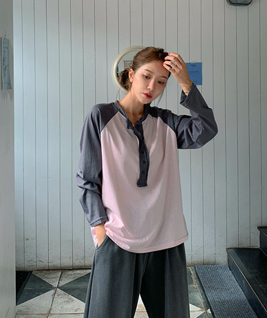 Rio Henley neck color combination button nagrang long-sleeved T-shirt