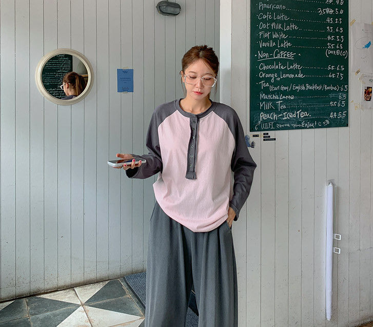 Rio Henley neck color combination button nagrang long-sleeved T-shirt