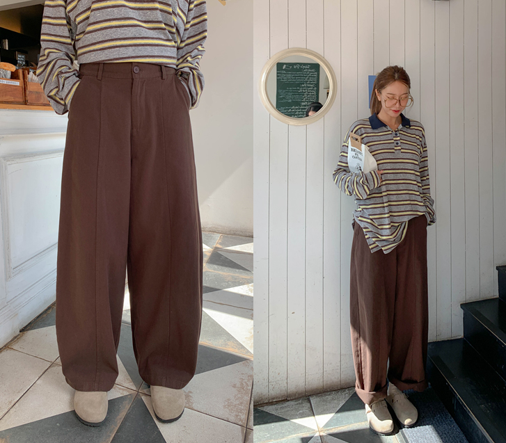 Feet Curved Cut Banding Wide Baggy Pants
