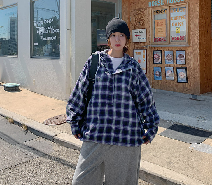 [Unisex] Grand Check Button Hood Shirt