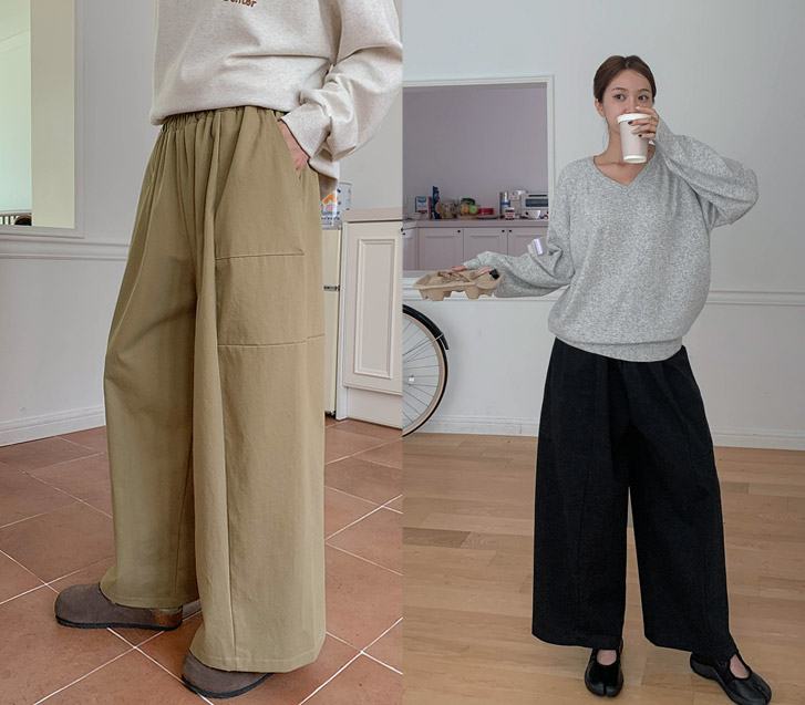 Rood Cotton Bio-washed Cut-out Banding Wide Pants
