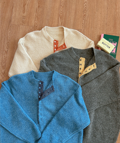 Work color combination button Henley neck knit