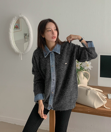 City Denim layered button knit cardigan