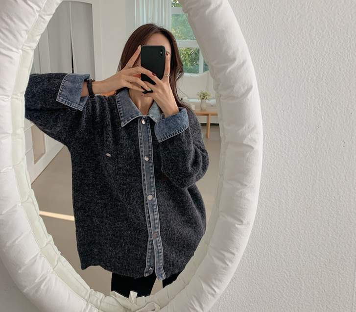 City Denim layered button knit cardigan