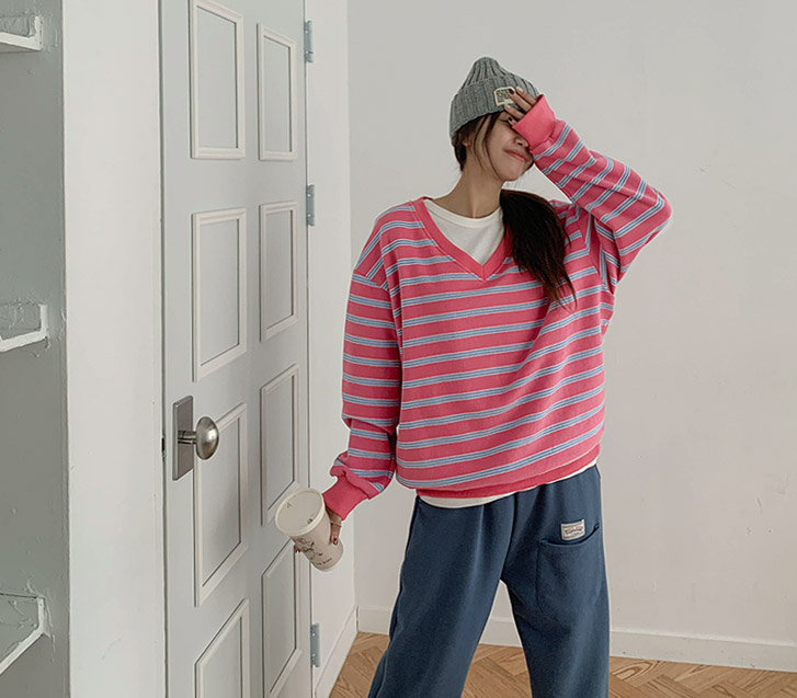 Red Striped V-Neck Double-Fleece Sweatshirt